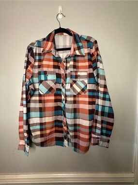 Casual Plaid Button-Down Shirt in Turquoise, Rust & Brown